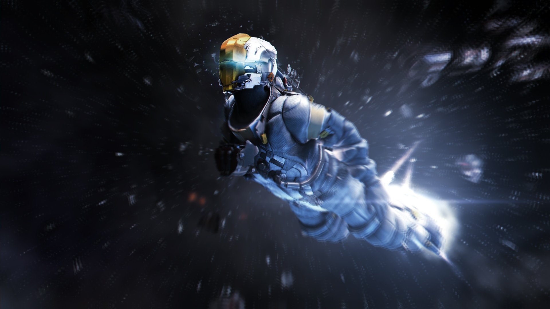 Dead Space 3 video game 4K Ultra HD PC desktop wallpaper: armored protagonist in a glowing-visor suit hurtling through dark, debris-filled space with motion blur.