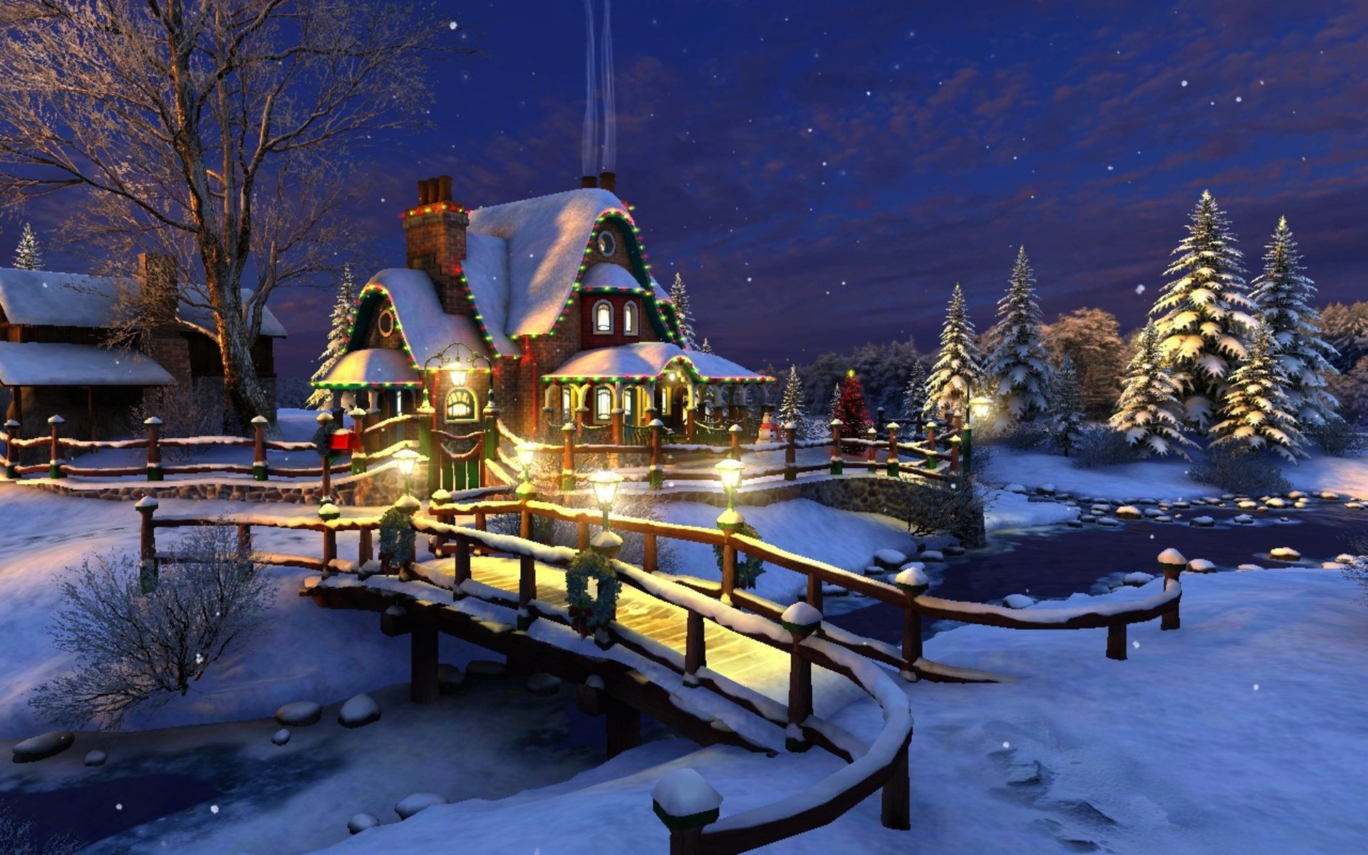 A serene winter landscape features a charming cottage adorned with lights, surrounded by snow-covered trees and a tranquil stream, creating a picturesque artistic painting for desktop wallpaper.