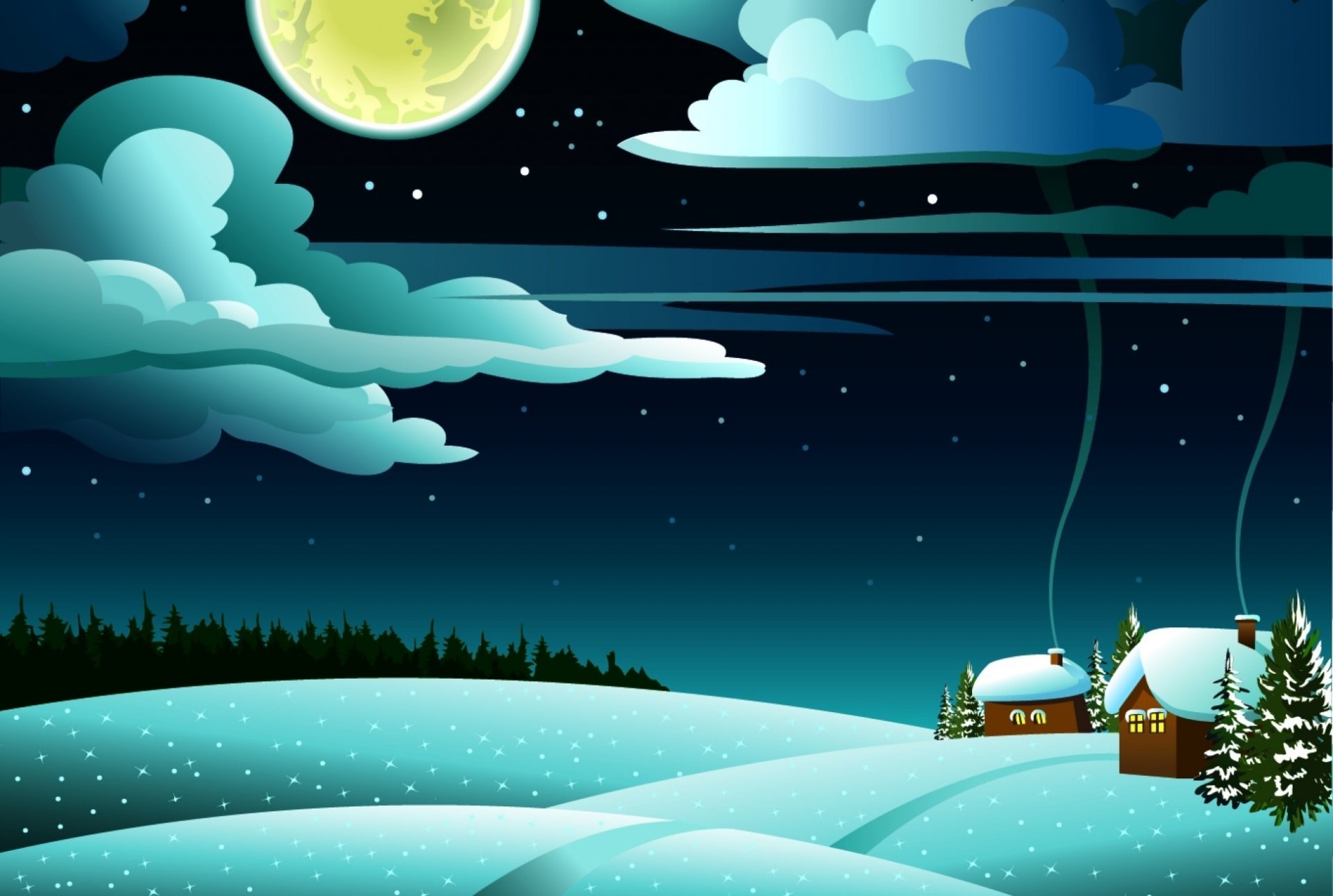 An artistic winter scene with snowy hills and cozy cabins under a bright moon, surrounded by dark clouds and a starry sky. This HD background captures a serene, magical atmosphere.