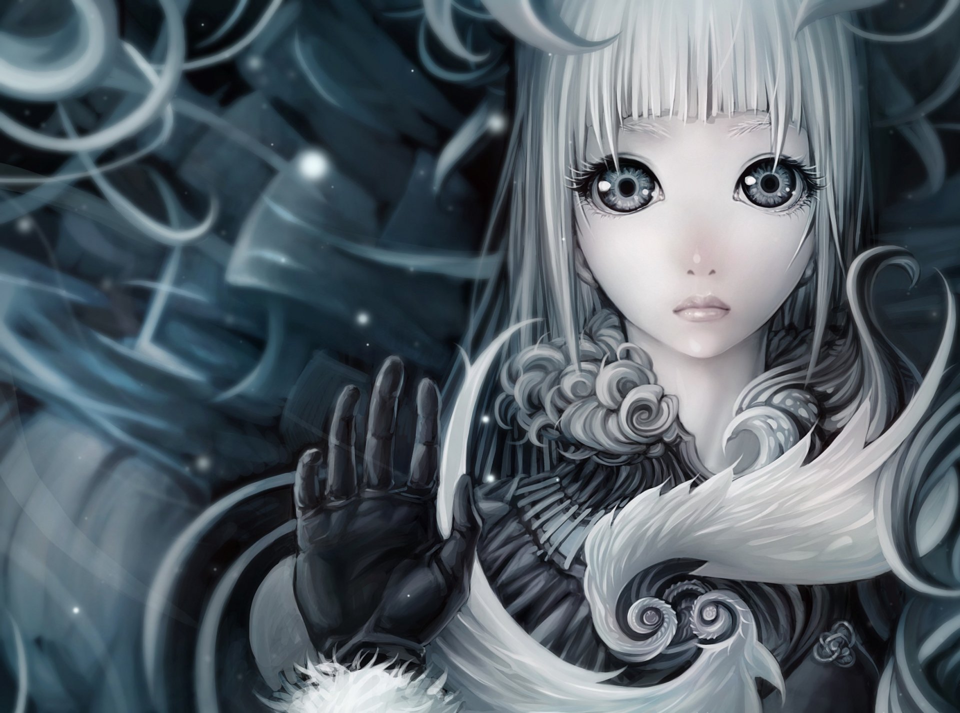 A captivating artistic HD desktop wallpaper featuring a woman with striking features and a ghostly background, showcasing intricate details and a sense of mystery.
