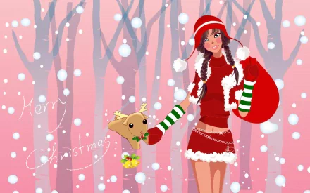 HD Christmas holiday desktop wallpaper featuring a festive girl in red with a sack, a small reindeer, and falling snow against a pink winter forest background.