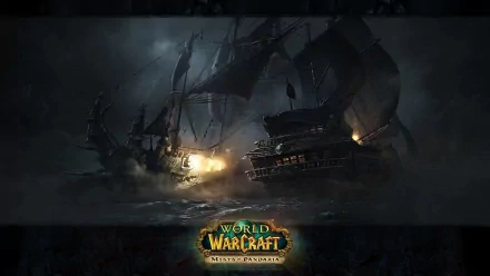 HD PC wallpaper: stormy night naval battle with ghostly ships and lightning — World of Warcraft: Mists of Pandaria video game art, logo at bottom.