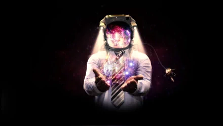 A suited figure with a helmet, enveloped in cosmic colors, extends hands as if offering stardust, set against a dark backdrop. This HD sci-fi wallpaper blends professionalism and space exploration.