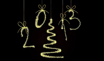 HD PC desktop wallpaper/background: black field with sparkling gold hanging ornaments forming 2013 around a stylized Christmas tree — New Year 2013 holiday/Christmas image.