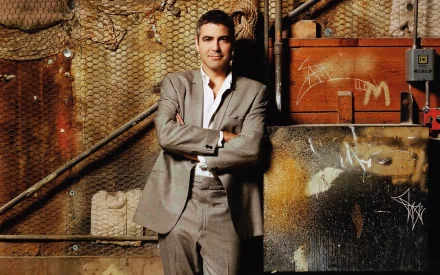 HD PC desktop wallpaper of a man in a gray suit with arms crossed, leaning against a graffiti-marked industrial wall bathed in warm light.