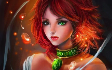 HD desktop wallpaper featuring a fantasy-themed woman with red hair and green eyes, adorned with a green necklace, surrounded by glowing orbs.