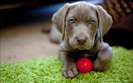 A cute Weimaraner puppy with striking green eyes lies on a green rug, playfully resting its chin on a small red ball, creating an engaging HD desktop wallpaper.