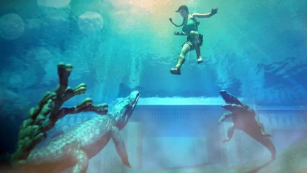 HD PC desktop wallpaper: Tomb Raider: The Last Revelation — Lara Croft swims upward toward light in a murky lake as two crocodiles close in, seen from a reaching first-person perspective.