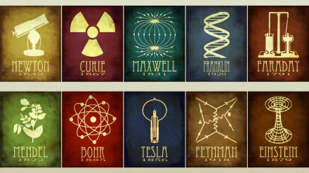 HD desktop wallpaper featuring a collection of historical science icons and names like Newton, Curie, and Einstein on a textured background.