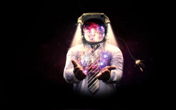 A suited figure with a helmet, enveloped in cosmic colors, extends hands as if offering stardust, set against a dark backdrop. This HD sci-fi wallpaper blends professionalism and space exploration.