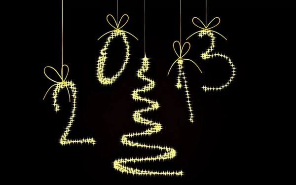 HD PC desktop wallpaper/background: black field with sparkling gold hanging ornaments forming 2013 around a stylized Christmas tree — New Year 2013 holiday/Christmas image.