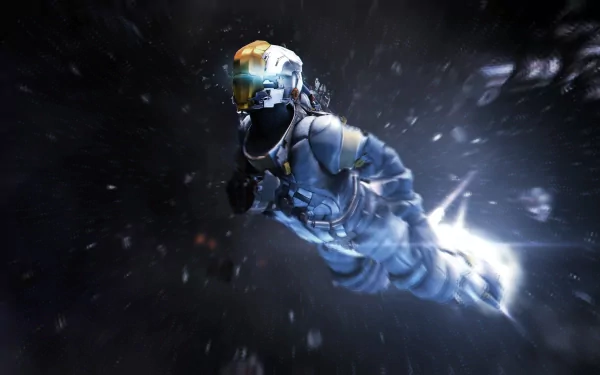 Dead Space 3 video game 4K Ultra HD PC desktop wallpaper: armored protagonist in a glowing-visor suit hurtling through dark, debris-filled space with motion blur.