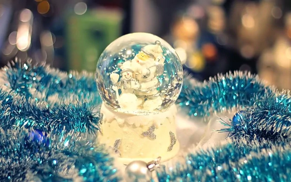 HD holiday PC desktop wallpaper featuring a festive Christmas snow globe surrounded by blue tinsel and warm, blurred lights in the background.