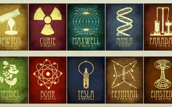 HD desktop wallpaper featuring a collection of historical science icons and names like Newton, Curie, and Einstein on a textured background.