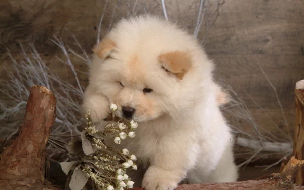 A fluffy light brown puppy gently sniffs a small bouquet of white flowers in a rustic wooden setting. The HD image is a charming desktop wallpaper and background.