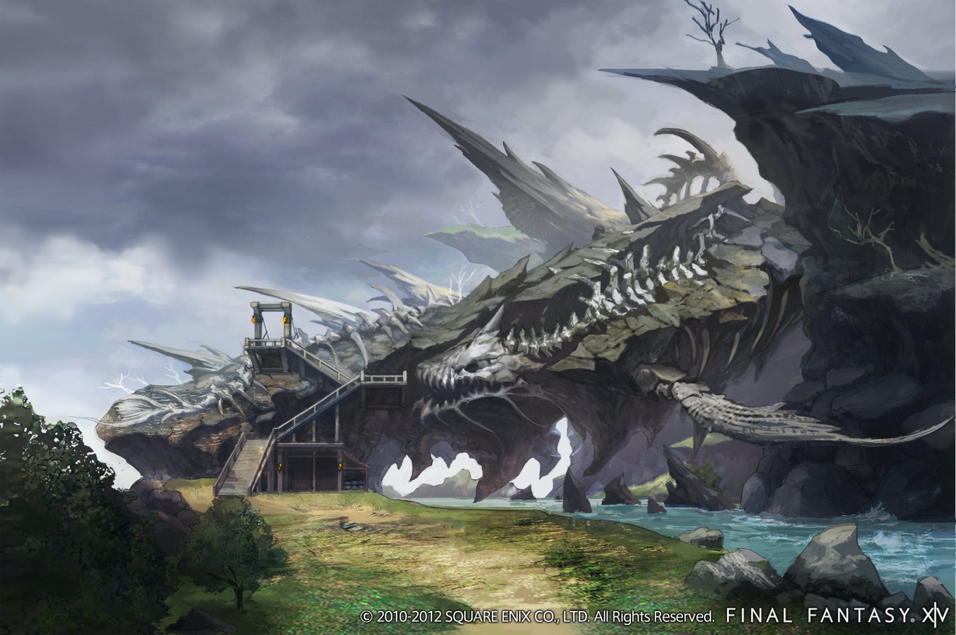 HD wallpaper of Final Fantasy XIV: A Realm Reborn, featuring a majestic dragon skeleton above an ethereal mist.