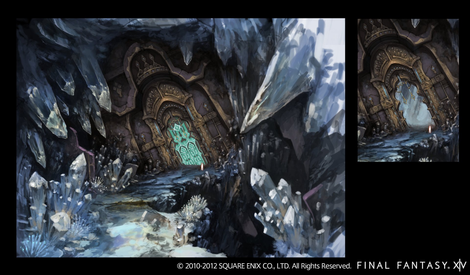HD desktop wallpaper from Final Fantasy XIV: A Realm Reborn featuring an icy cavern with an ornate door.