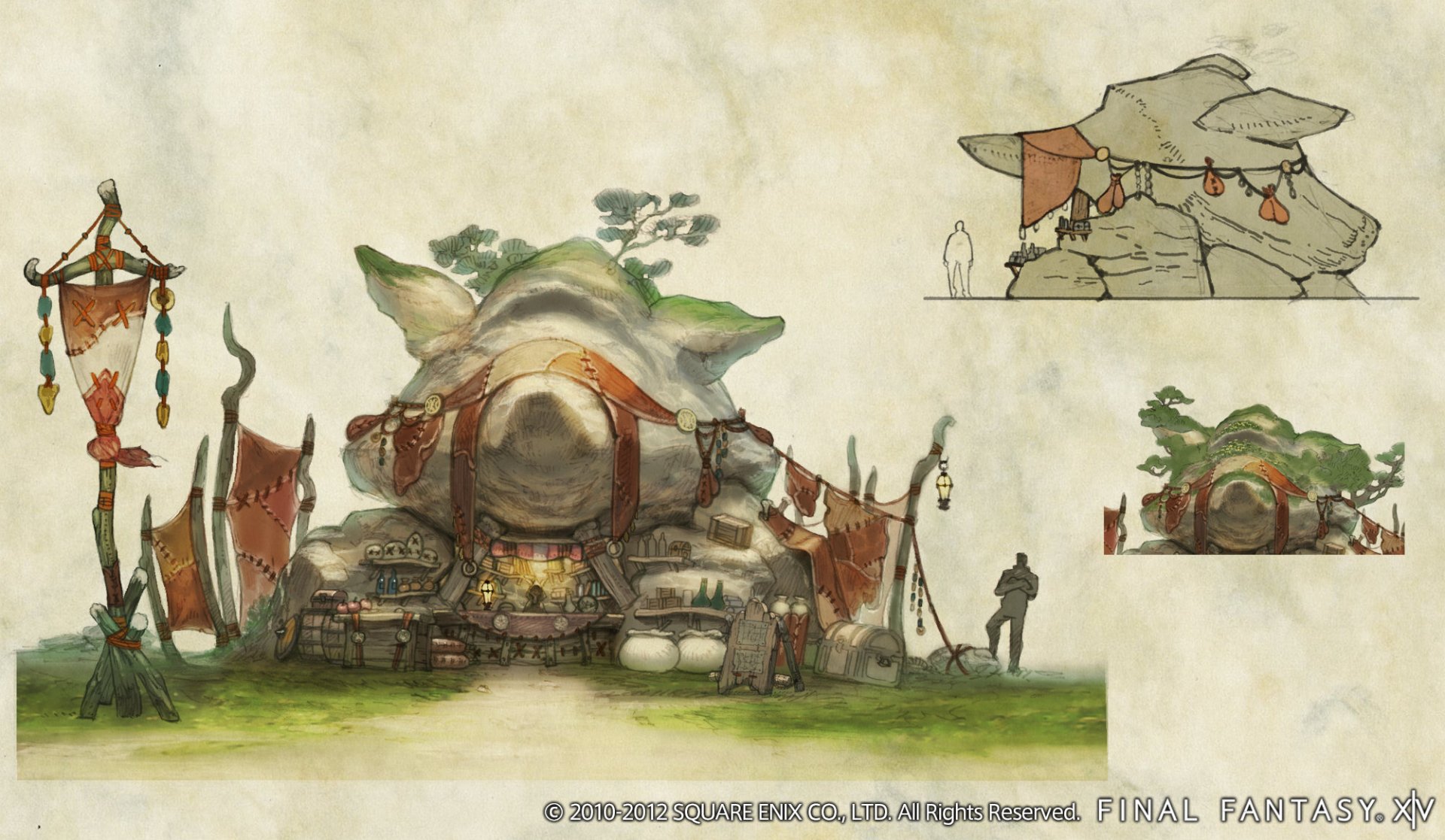 HD desktop wallpaper from Final Fantasy XIV: A Realm Reborn, featuring conceptual art of a whimsical building with intricate designs.