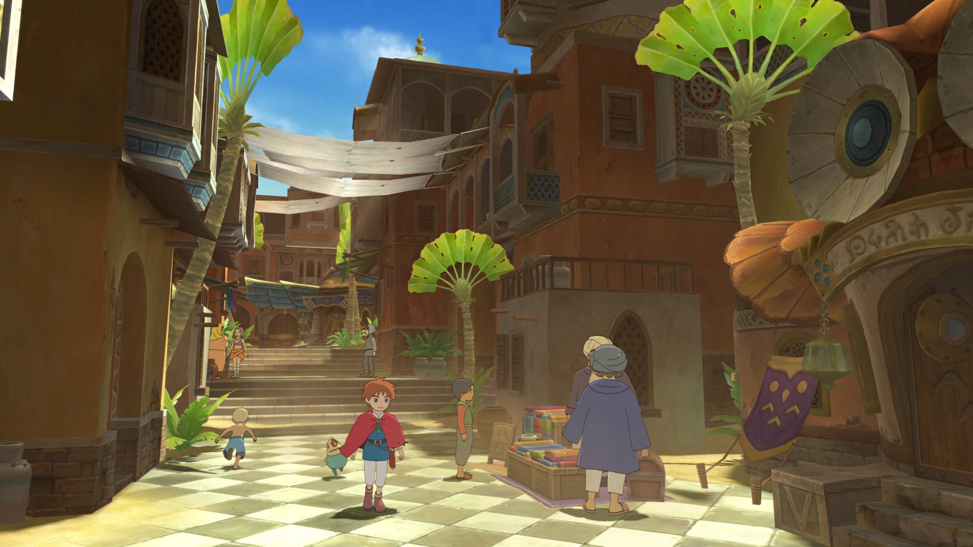 HD wallpaper featuring a sunny scene from Ni No Kuni with characters wandering through a vibrant town plaza.