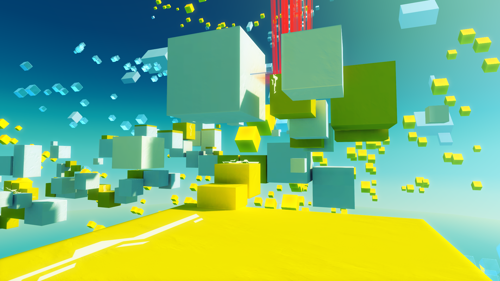 HD desktop wallpaper featuring abstract yellow and green floating cubes from the game Mirror's Edge, with a bright, stylized aesthetic.