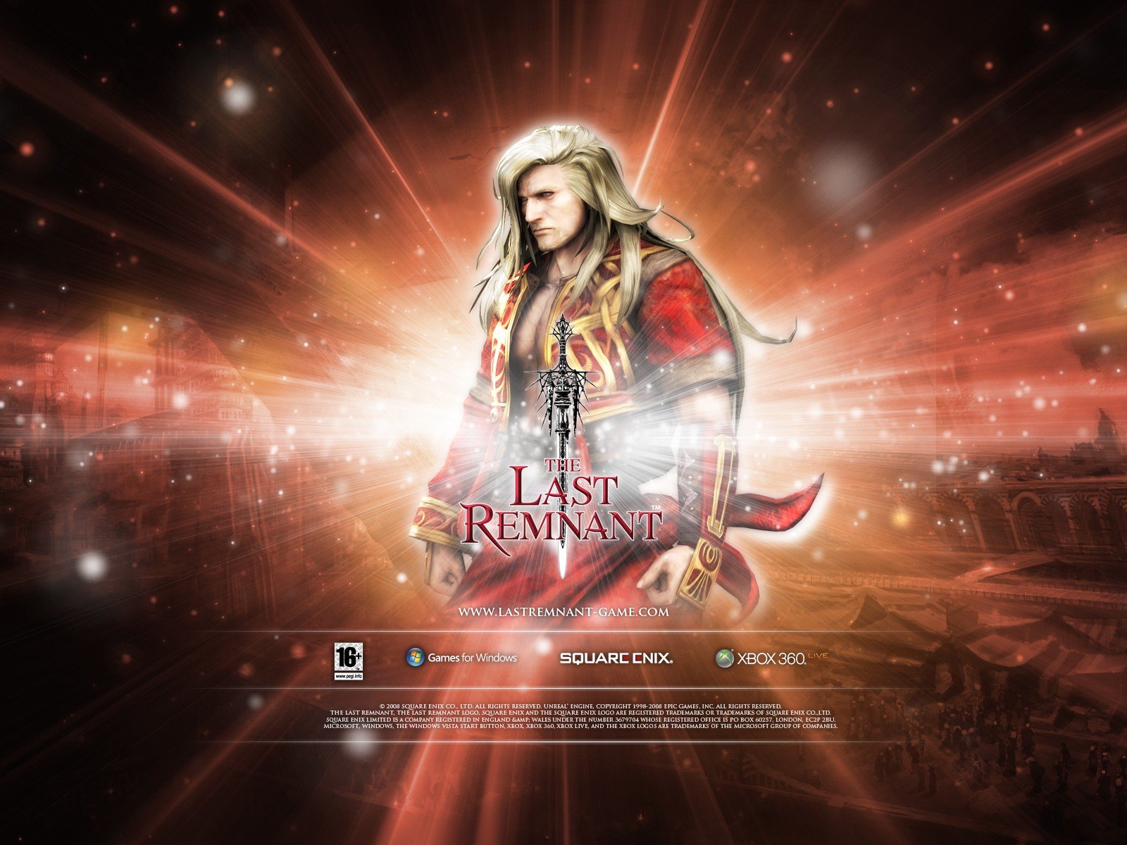 HD desktop wallpaper featuring an illustrated character from The Last Remnant video game, with a radiant, mystical backdrop.