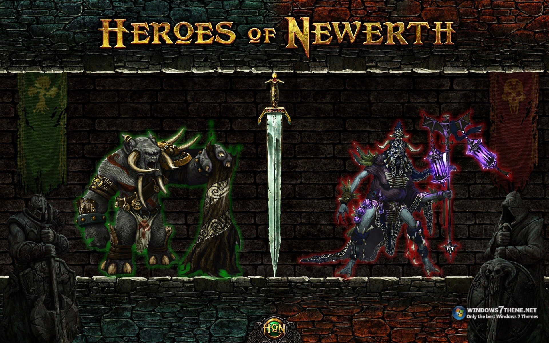 HD PC desktop wallpaper/background for the video game Heroes of Newerth, showing two opposing champions flanking a glowing sword against a ruined stone backdrop.