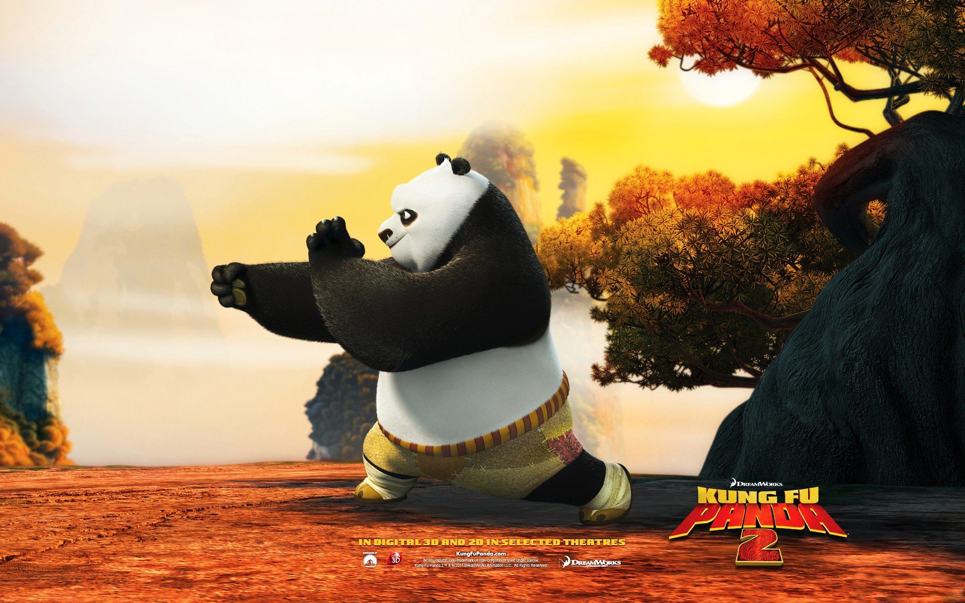 HD desktop wallpaper featuring Po from Kung Fu Panda 2 in a dynamic kung fu pose with an autumnal backdrop.