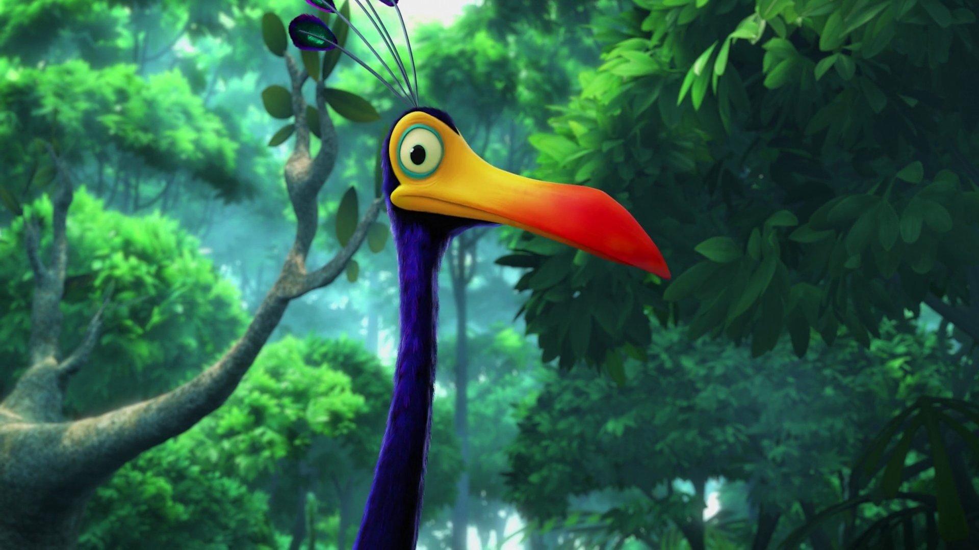 HD desktop wallpaper featuring the colorful bird character from Pixar's Up set against a lush green forest background.