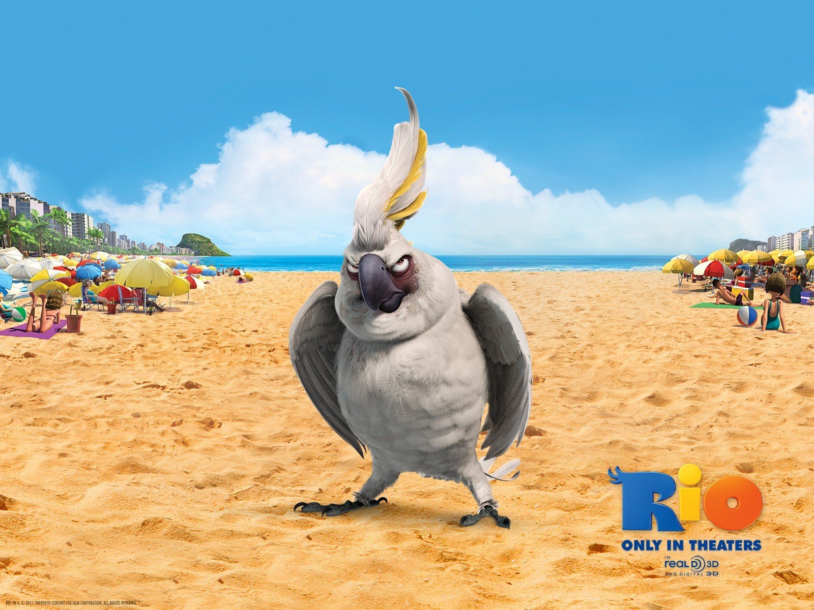 HD desktop wallpaper featuring a character from the animated movie Rio on a sunny beach with people and umbrellas.