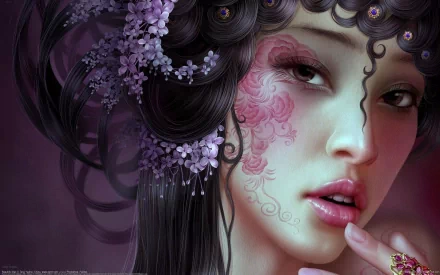 HD fantasy PC desktop wallpaper featuring a close-up of a woman with intricate floral tattoos and delicate purple blossoms woven into her dark, flowing hair.