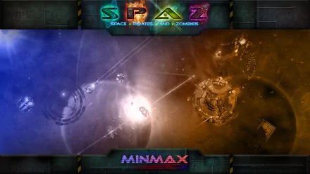 HD desktop wallpaper of Space Pirates and Zombies (SPAZ), featuring vibrant cosmic battle scenes with spaceships and explosions.