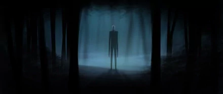 A haunting HD desktop wallpaper inspired by the video game Slender: The Eight Pages, featuring a tall, slender figure silhouetted against a foggy forest backdrop.
