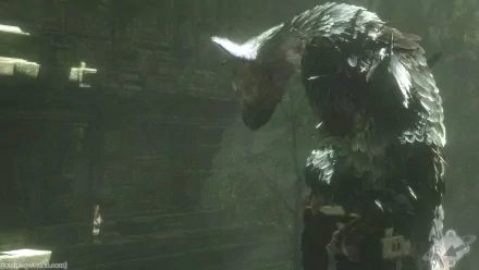 HD wallpaper of The Last Guardian featuring the mystical creature Trico and a young boy in ancient ruins.