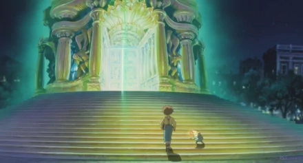 HD wallpaper from Ni No Kuni featuring a character standing before a glowing magical structure at night.