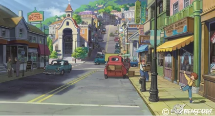 HD wallpaper of Ni No Kuni game featuring a vibrant town street with vehicles and characters.