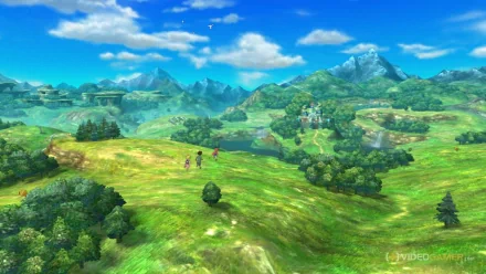 HD Ni No Kuni wallpaper featuring a vibrant fantasy landscape with characters exploring green hills under a clear blue sky.