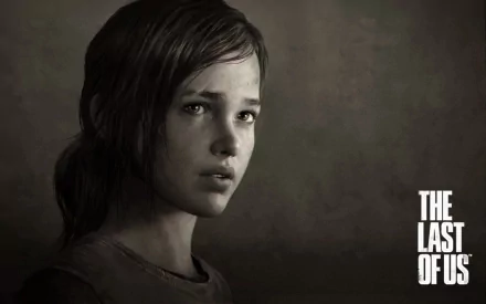 HD wallpaper featuring a close-up of a somber young girl from The Last of Us with the game's logo on a textured background.
