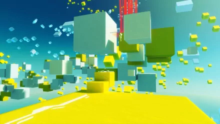 HD desktop wallpaper featuring abstract yellow and green floating cubes from the game Mirror's Edge, with a bright, stylized aesthetic.