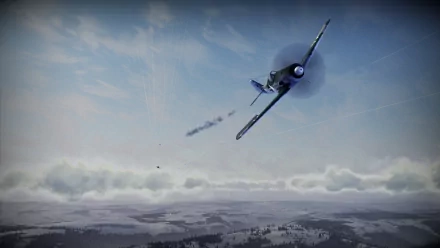 HD wallpaper of a fighter plane from the game Wings of Prey in flight over a snow-covered landscape.