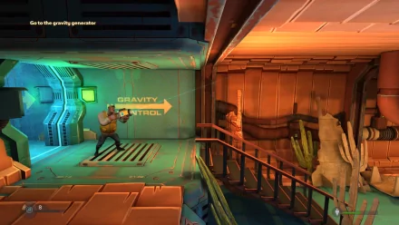 HD desktop wallpaper from the game Rochard showing a character near a sign that reads GRAVITY CONTROL.