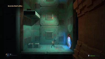 A character navigates a futuristic environment in this HD desktop wallpaper from the video game Rochard, featuring detailed architecture and an interactive doorway.