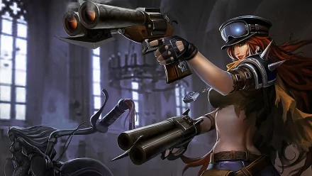 Miss Fortune from League of Legends, depicted in an HD wallpaper, wields dual firearms confidently, set against a dramatic background in a gothic space.