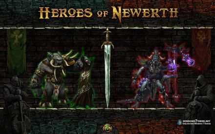 HD PC desktop wallpaper/background for the video game Heroes of Newerth, showing two opposing champions flanking a glowing sword against a ruined stone backdrop.