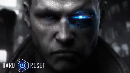 HD desktop wallpaper featuring a close-up image of a cyborg with glowing blue eyes and the text HARD RESET.