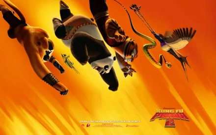HD wallpaper of Kung Fu Panda 2 featuring Po and the Furious Five in dynamic action poses with a fiery orange background.