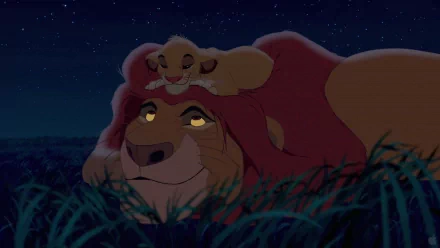 HD wallpaper of The Lion King (1994) featuring Mufasa with a young Simba atop his head under a starry sky.