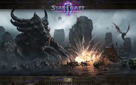 HD wallpaper featuring a scene from StarCraft II: Heart of the Swarm, with an epic battle and the game's logo.