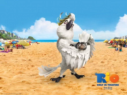 HD desktop wallpaper featuring animated birds from the movie Rio on a vibrant beach background, with the film's logo displayed.