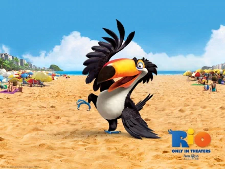 HD desktop wallpaper featuring a character from the animated movie Rio on a vibrant beach with the cityscape in the background.