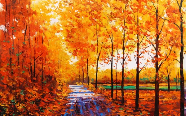 A vibrant HD painting of a fall landscape, featuring trees adorned with rich orange leaves lining a tranquil path, capturing the beauty of autumn in artistic detail.